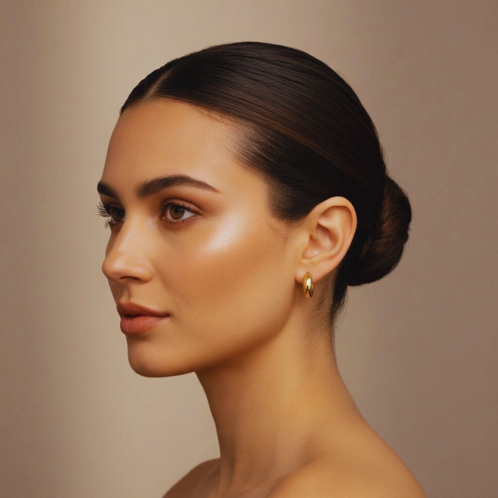 Woman wearing small polished gold hoop earrings with hair in a bun for a minimalist look.
