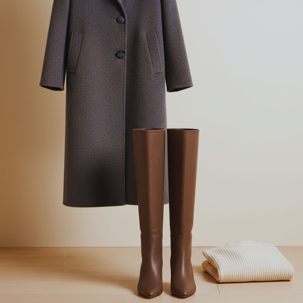Minimalist knee-high boots in leather and suede beside fall outerwear, showcasing refined and timeless design.