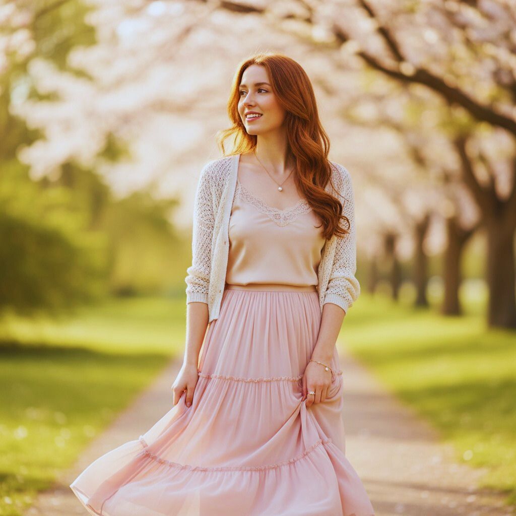 Model wearing pastel midi skirt, satin camisole, and light cardigan with delicate jewelry, exuding soft feminine elegance.