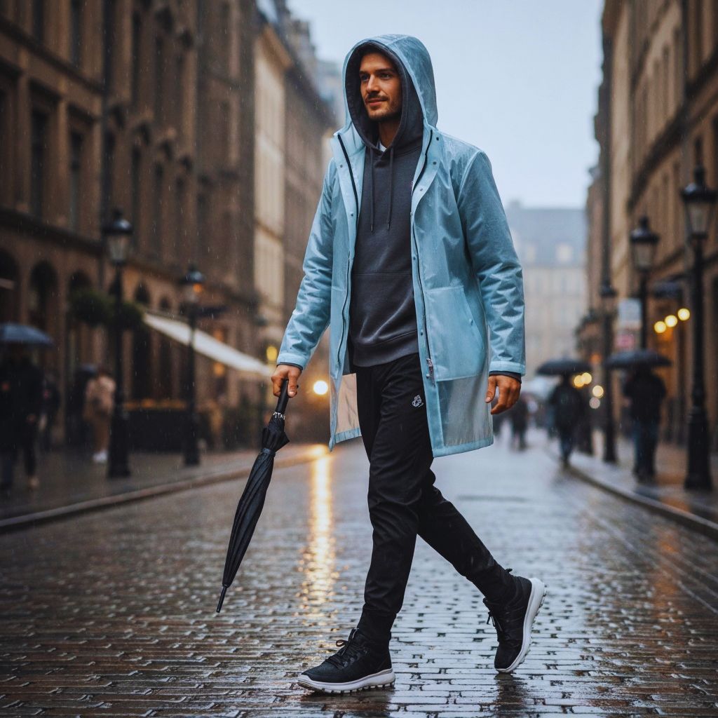 Person wearing lightweight raincoat, hoodie, joggers, and waterproof sneakers for a sporty-casual rainy-day look.