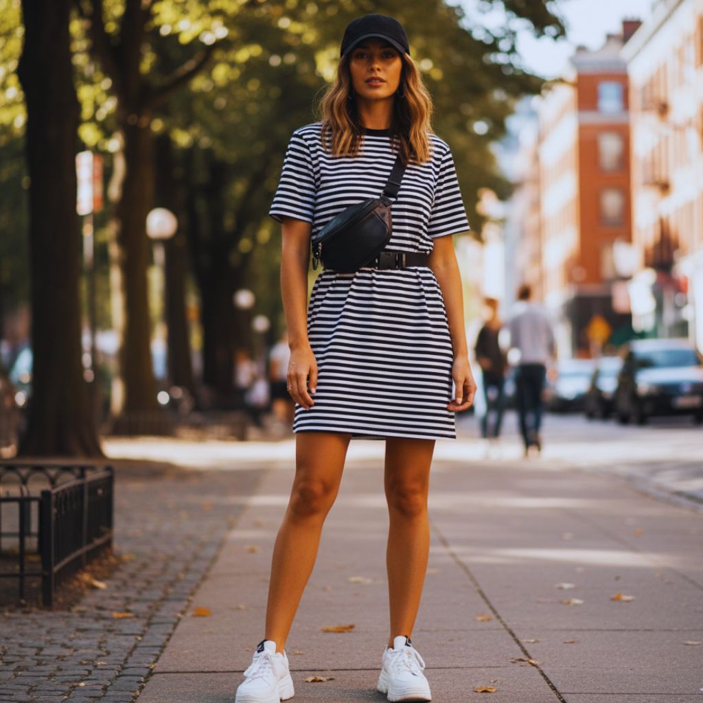"Woman in striped T-shirt dress with trainers, baseball cap, and belt bag crossbody outdoors."