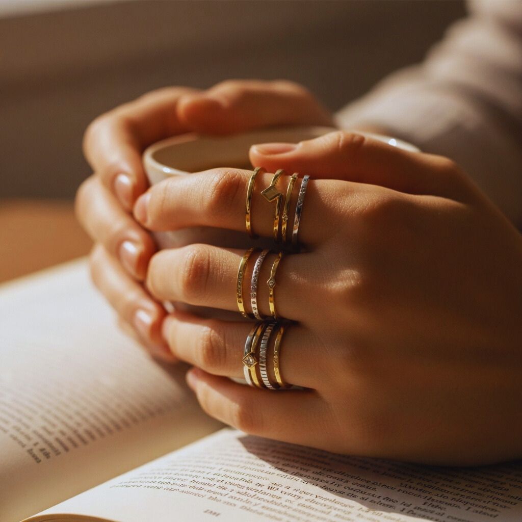 Close-up of hands wearing layered thin gold and silver stackable rings for a minimalist style.