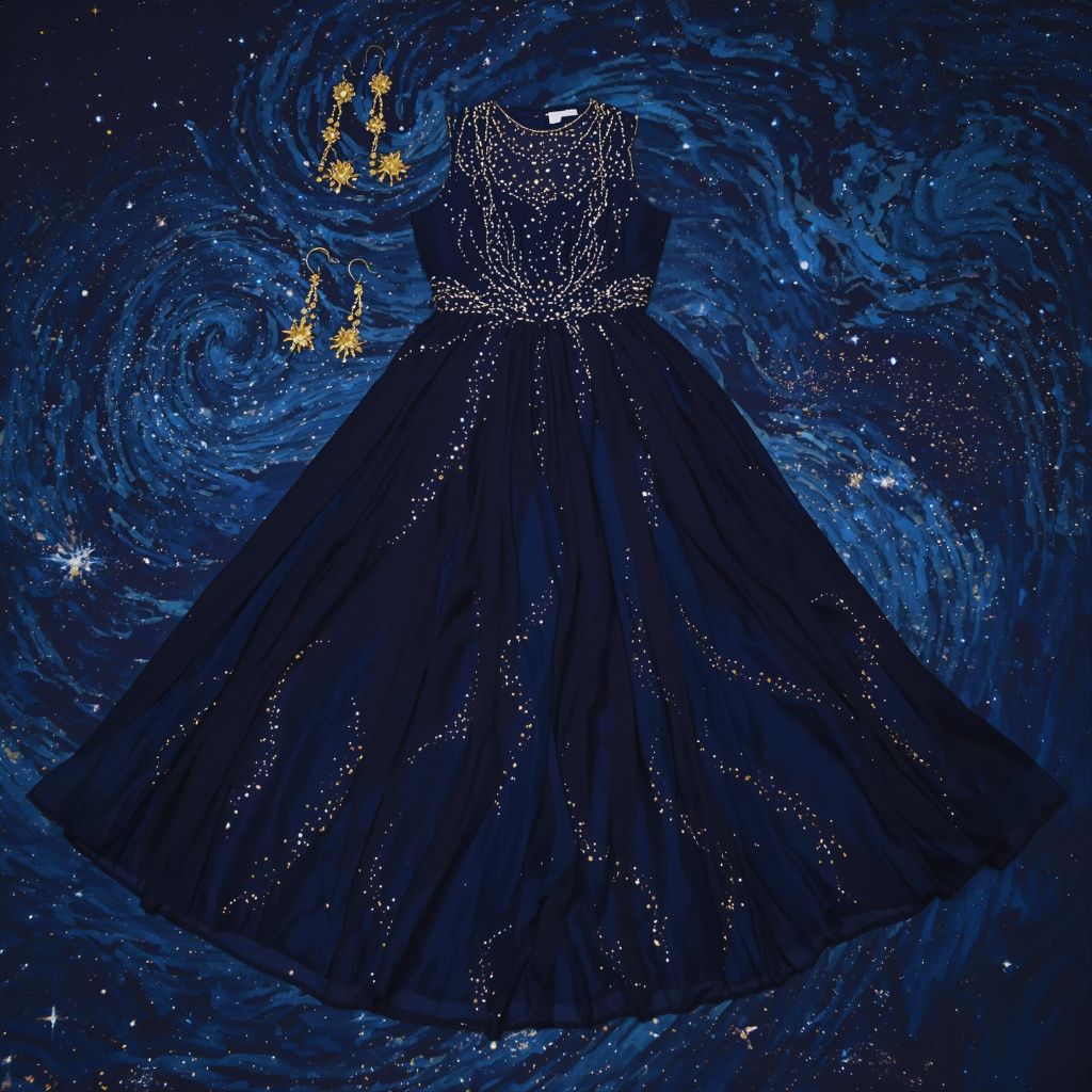 Midnight blue flowing gown with metallic star-like embroidery, styled with gold accessories, inspired by Van Gogh’s Starry Night.