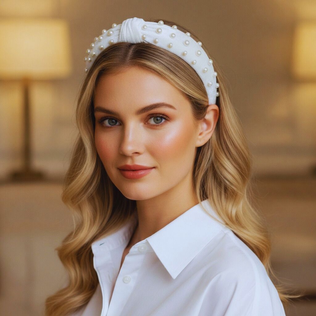 Close-up of a woman wearing a velvet or pearl headband with a white shirt, showcasing elegant preppy style.