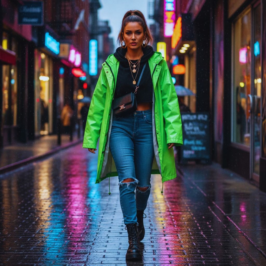 Person in oversized bright raincoat, high-waisted jeans, and chunky combat boots for a street-style rainy-day look.