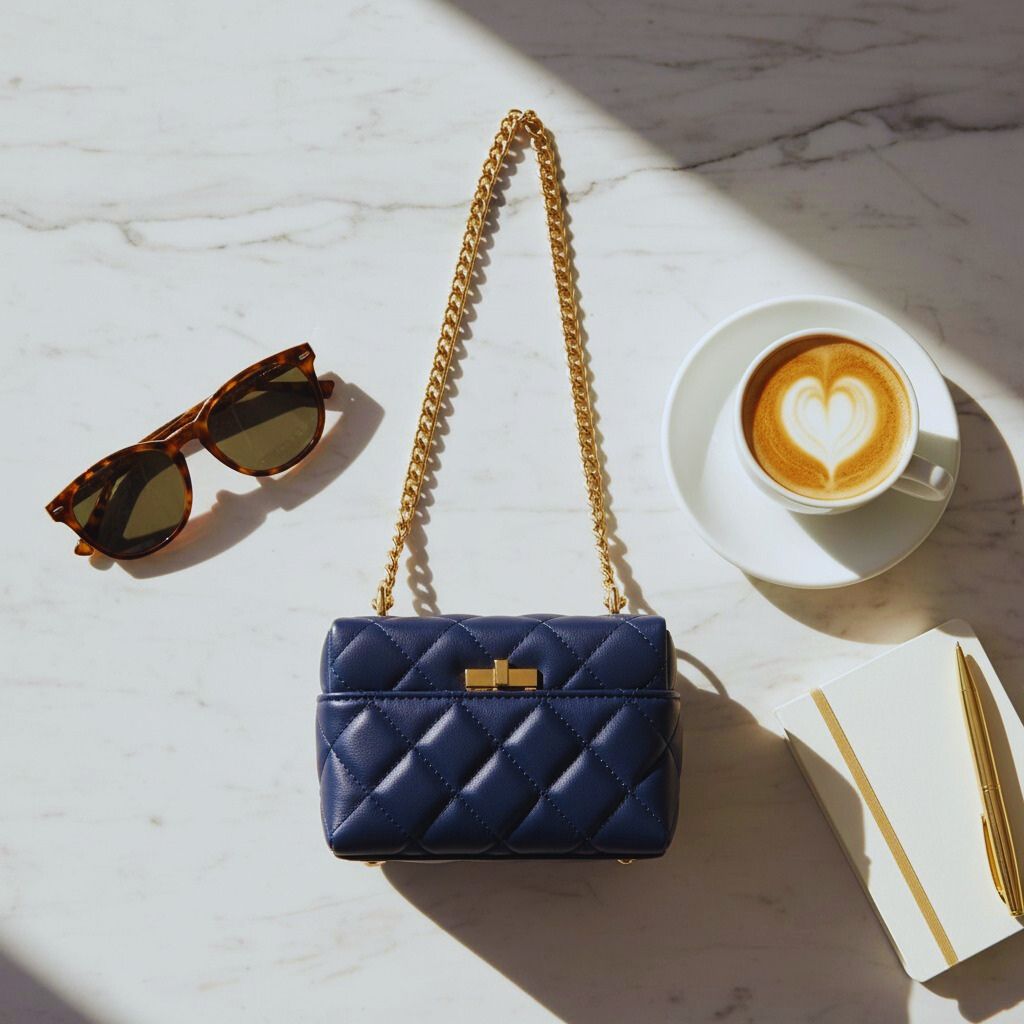 Mini structured handbag in neutral tones on a marble surface with coffee and sunglasses, symbolizing preppy elegance.