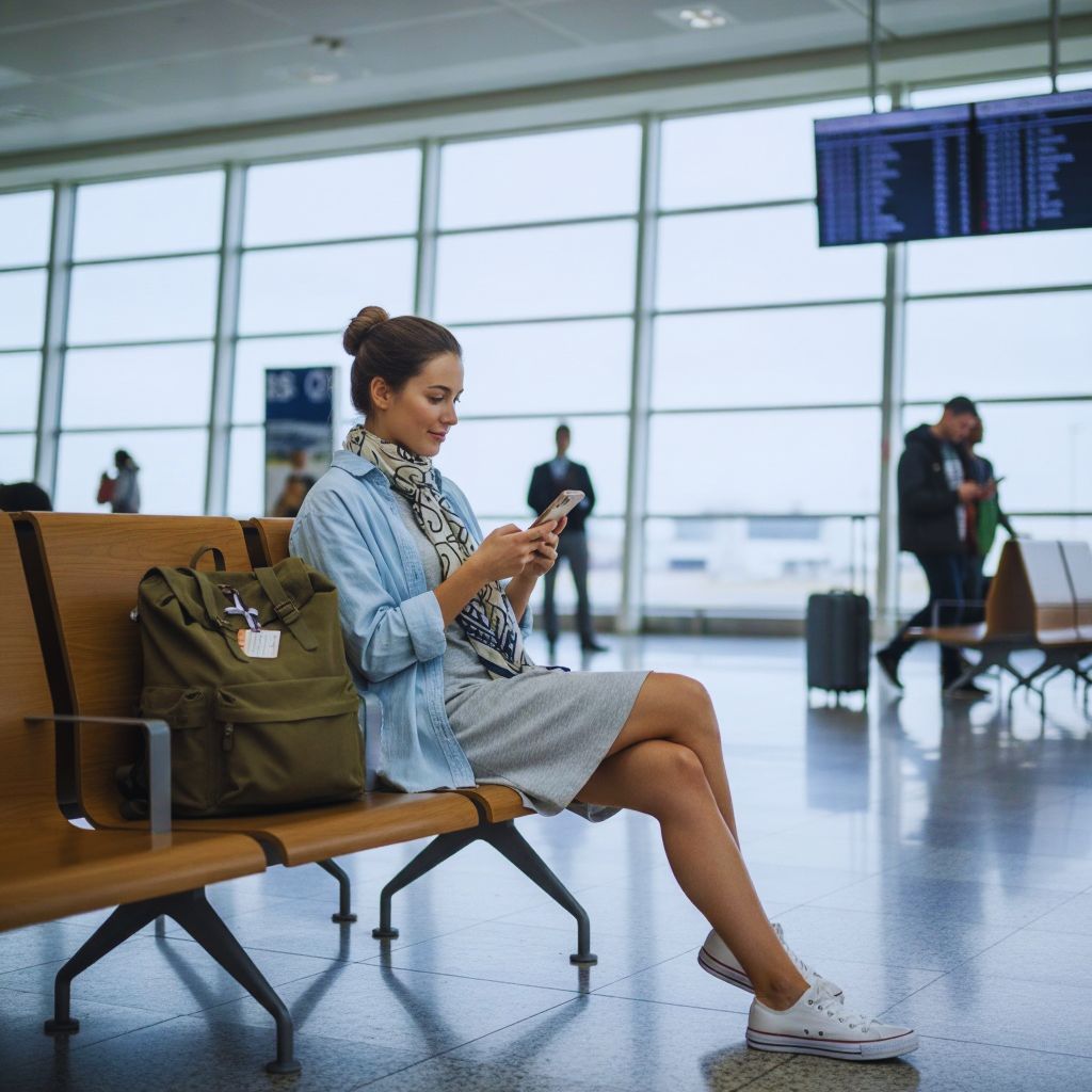 "Woman in soft T-shirt dress with sneakers, oversized shirt, backpack, and scarf sitting at travel station."