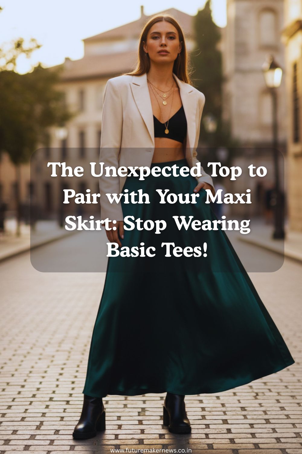 A fashionable woman wearing a statement corset top and flowy maxi skirt, symbolizing modern, elevated alternatives to basic tees.