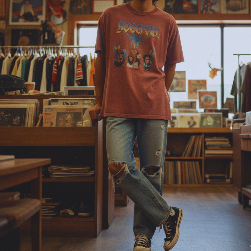 Model in vintage oversized band tee and ripped jeans styled with retro sneakers, representing nostalgic street fashion aesthetic.