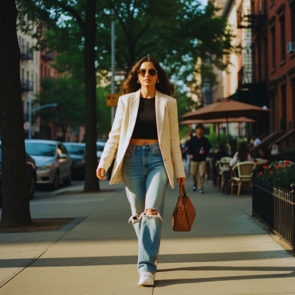 Fashionable woman walking confidently on a city street, captured mid-step in a candid, stylish pose.