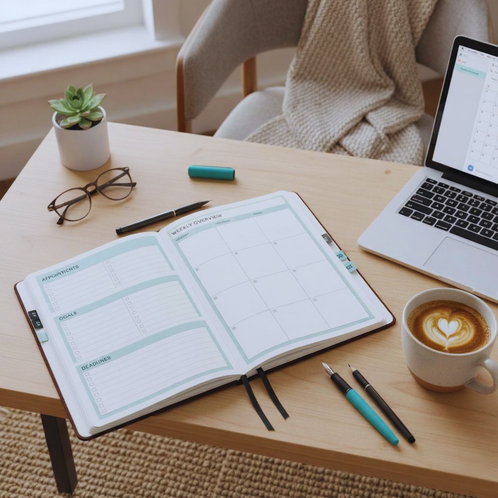 Open planner showing weekly overview layout with appointments and goals, surrounded by coffee and stationery.