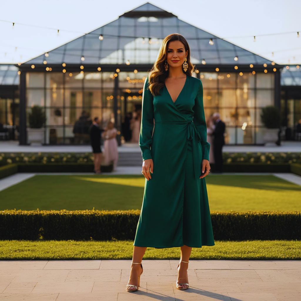 A woman in a jewel-toned wrap dress with statement earrings, radiating effortless sophistication.