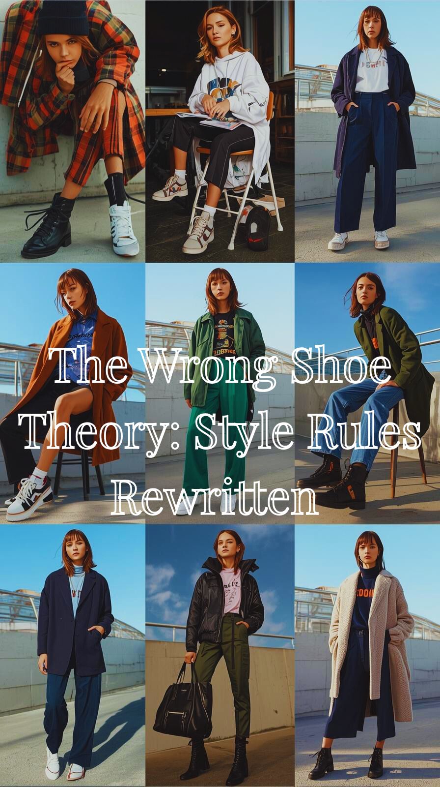 Collage of women showcasing the Wrong Shoe Theory with mismatched yet stylish combinations like dresses with sneakers, suits with trainers, skirts with combat boots, and evening dresses with loafers.