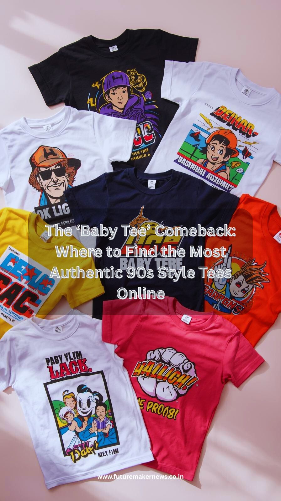 "Flat lay of colorful 90s-style baby tees with retro slogans and logos surrounded by nostalgic accessories like scrunchies, butterfly clips, and polaroid photos, showcasing the Y2K fashion comeback."
