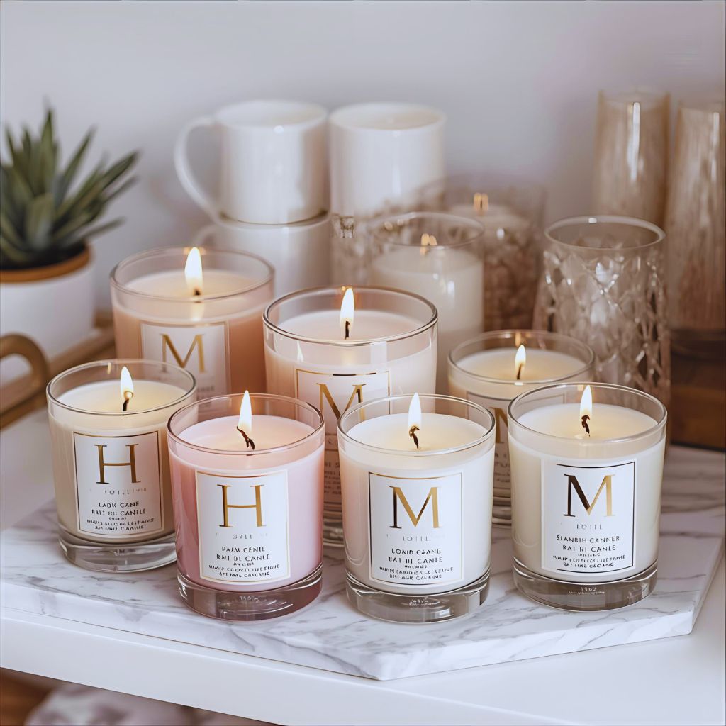 Stylish monogram candles in pastel tones with gold and black typography displayed elegantly on a tray.