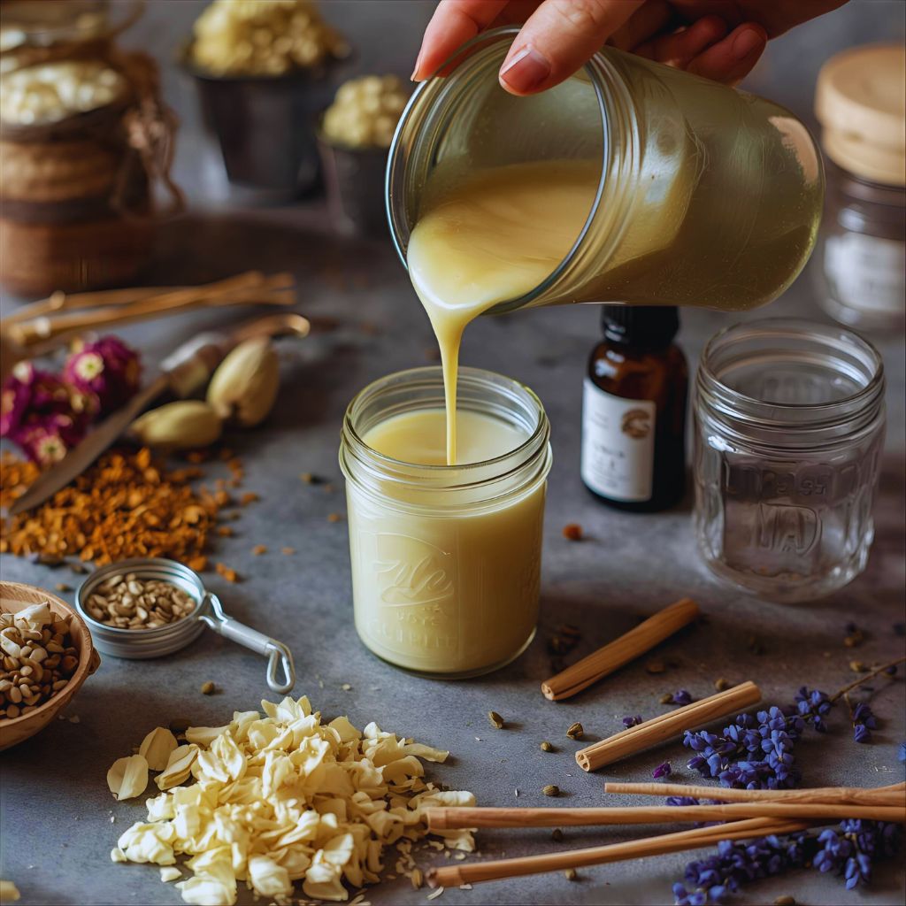 Hand-poured soy wax candles with natural ingredients like essential oils and dried flowers on a rustic crafting table.