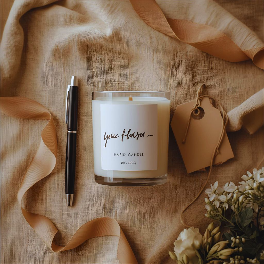 Handmade candle with a personalized label showing a name and date, placed on a wooden surface with ribbon and pen beside it.