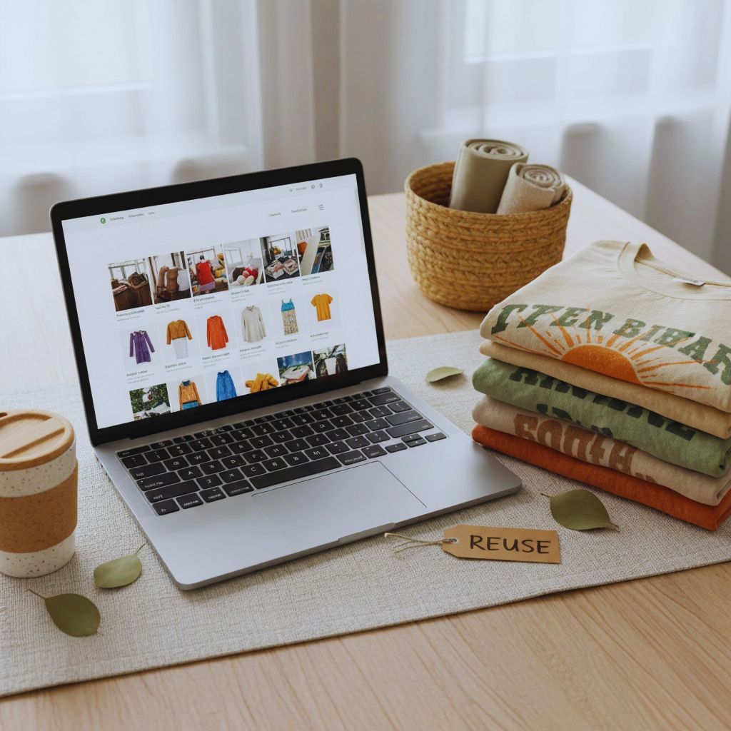 "Laptop displaying ThredUP website with vintage baby tees and eco-friendly accessories on a wooden desk."