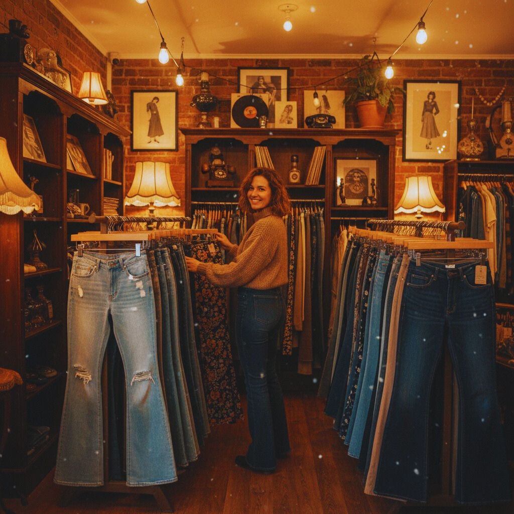 Woman browsing through racks of vintage wide-leg pants and flared jeans in a cozy thrift store.