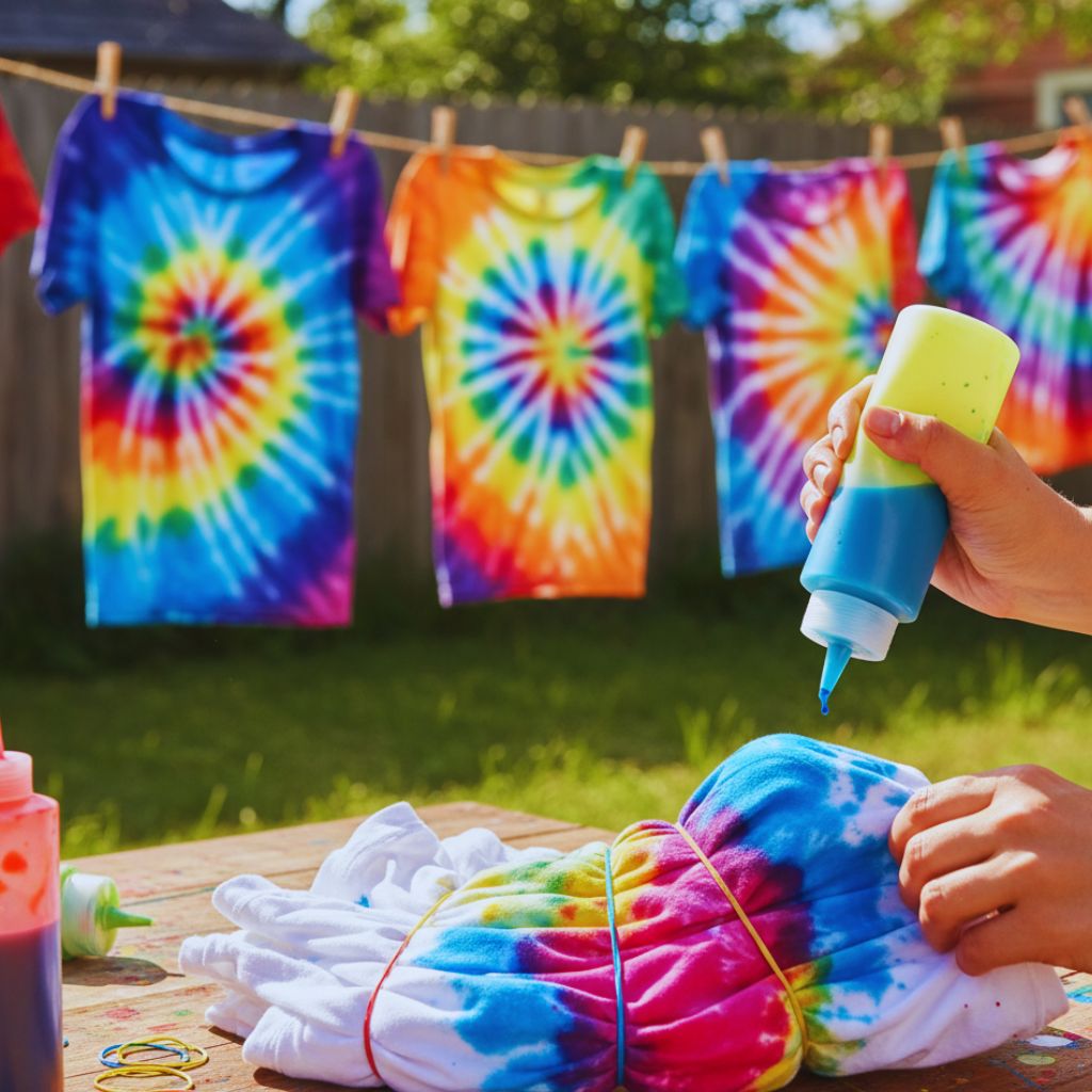 Hands applying bright dyes to tied shirts for a colorful tie-dye effect, representing DIY fashion revival.