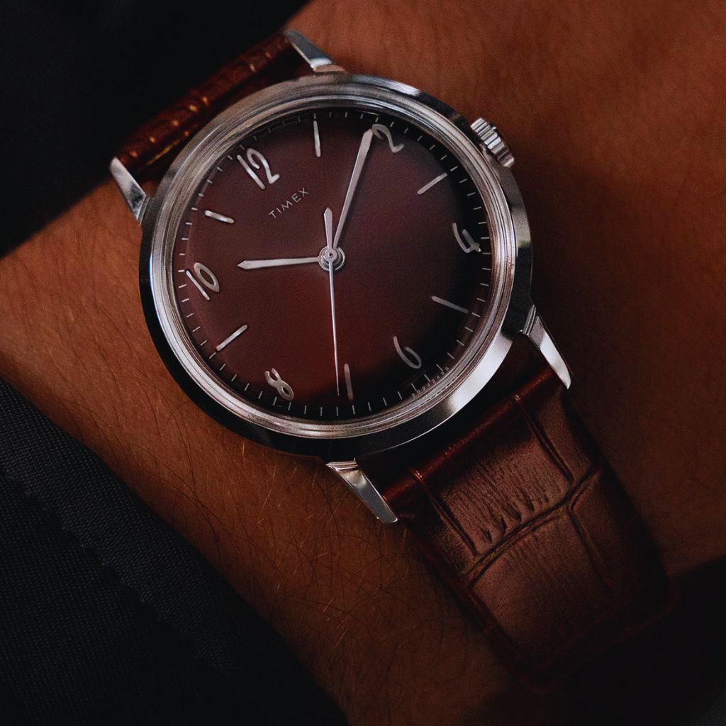 Timex Marlin mechanical vintage dress watch on leather strap.