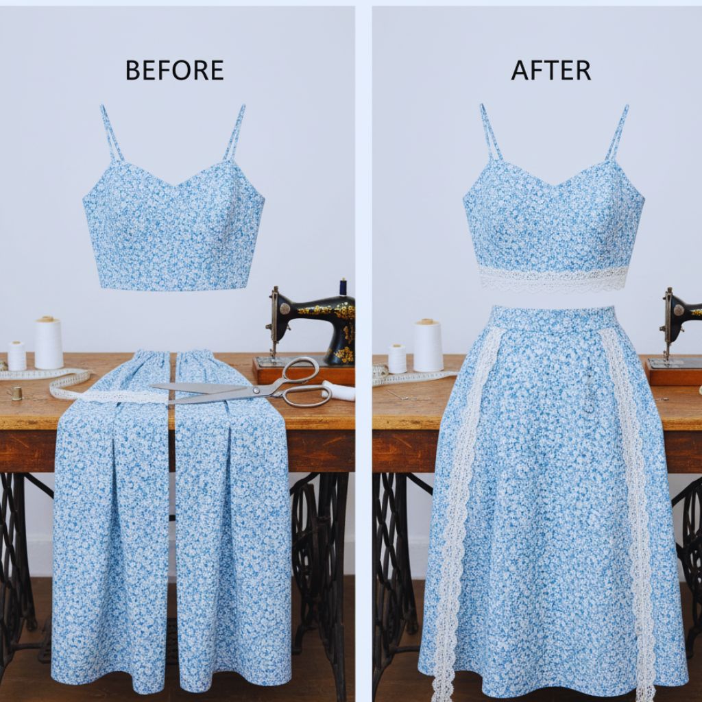 A woman cutting a dress into a matching two-piece set, symbolizing sustainable fashion transformation.