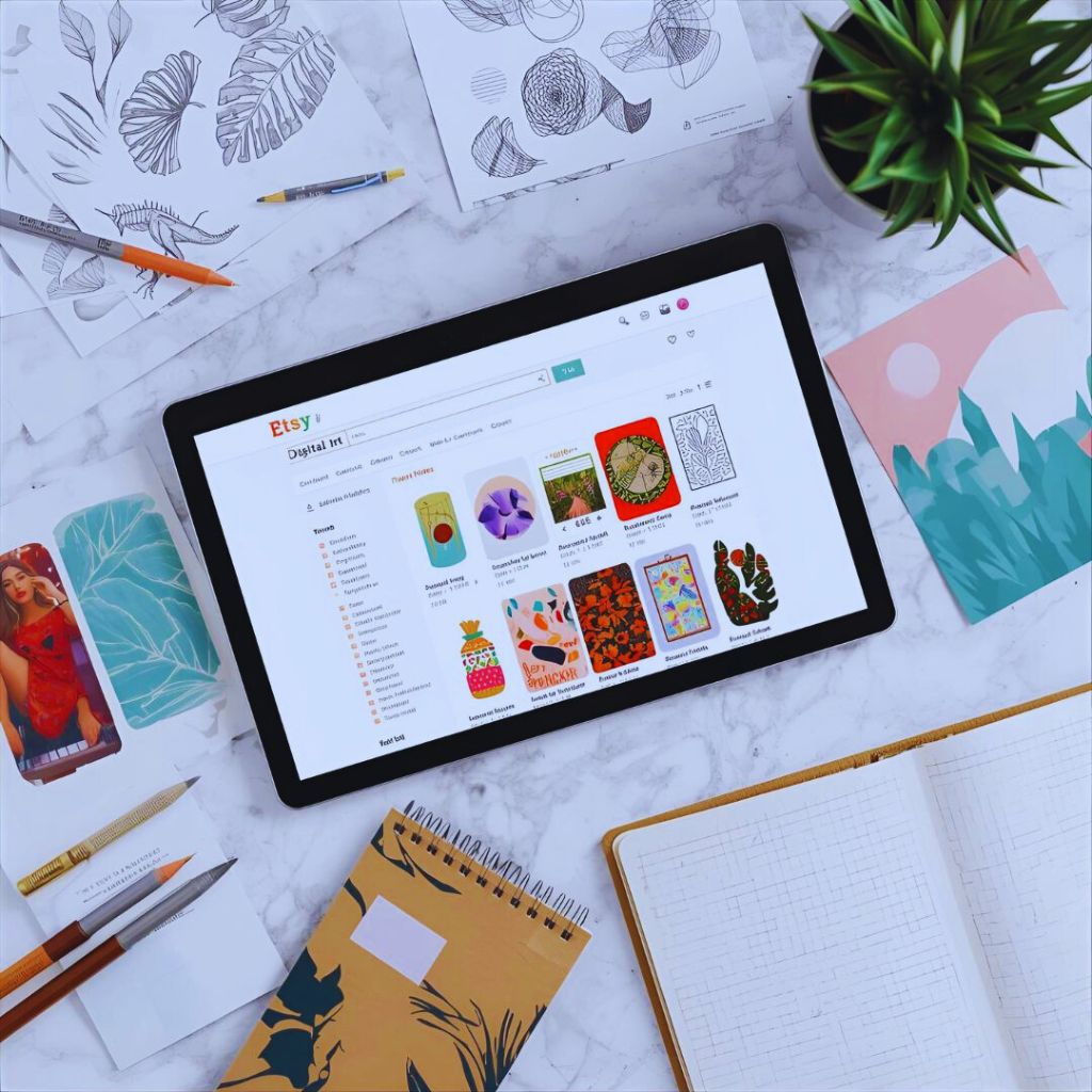 Laptop displaying Etsy search results for digital printables, surrounded by sketches and color swatches.