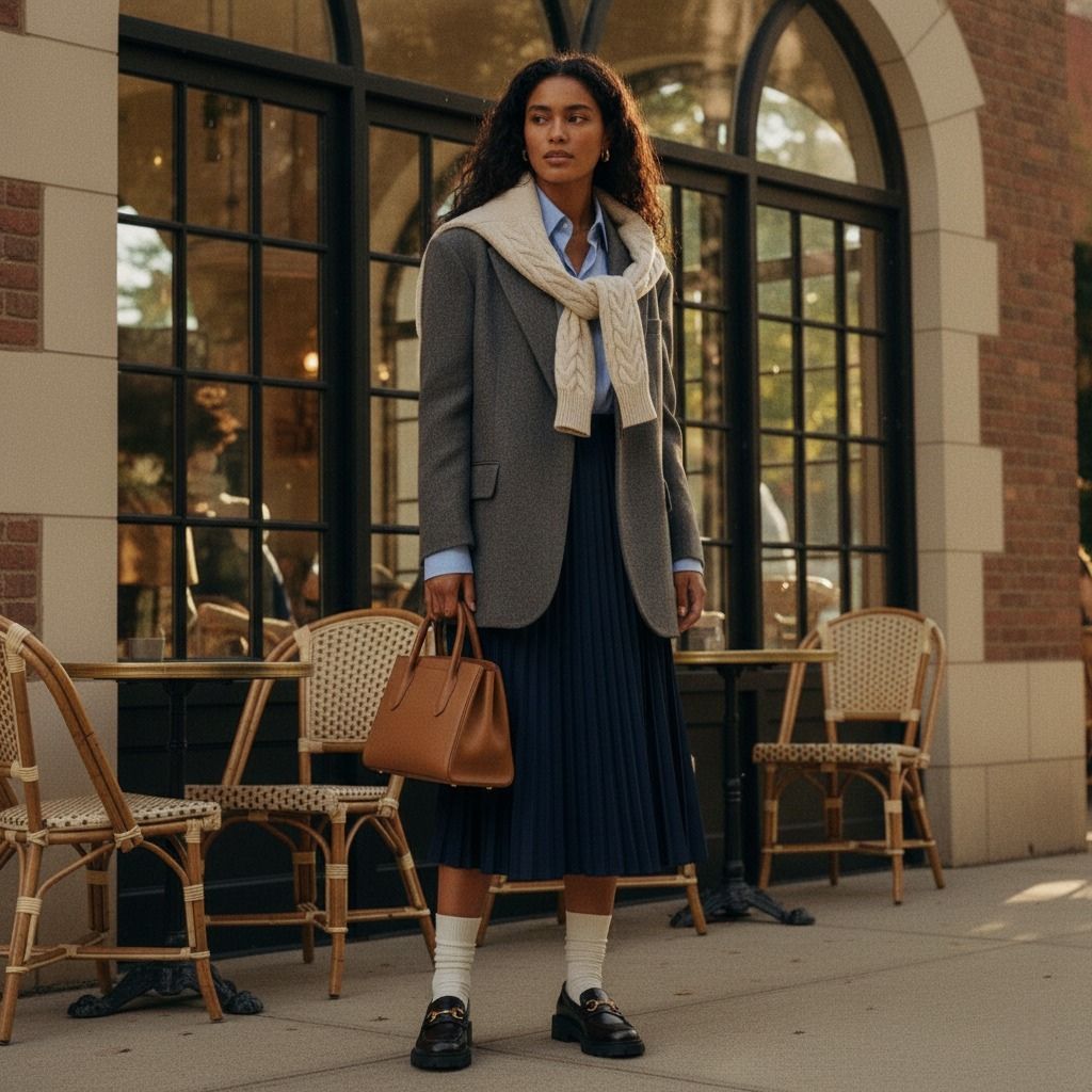 Oversized neutral blazer worn over a pleated skirt, Oxford shirt, and cable knit sweater, styled for a modern New Preppy outfit with soft, natural lighting.