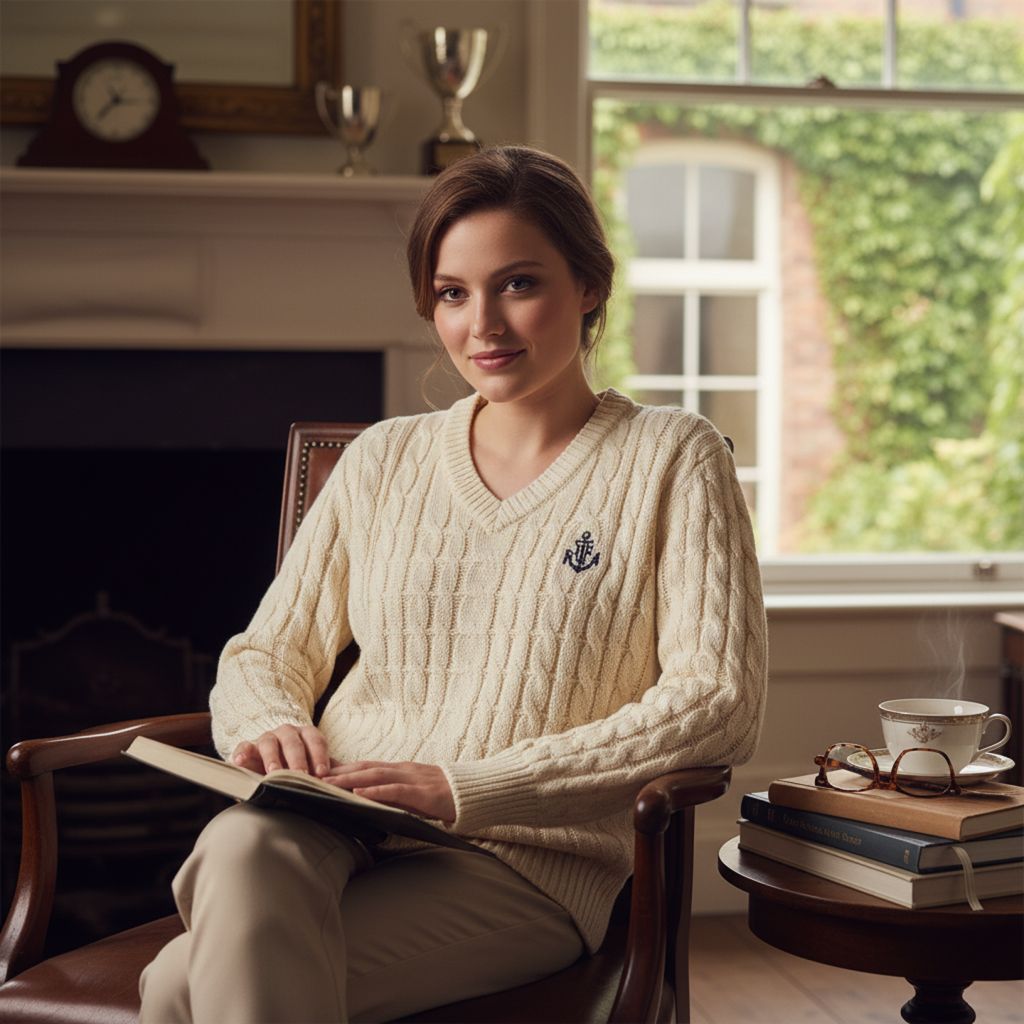 Close-up of a cream cable knit sweater styled over a white collared shirt, reflecting modern preppy fashion with oversized, cozy elegance.