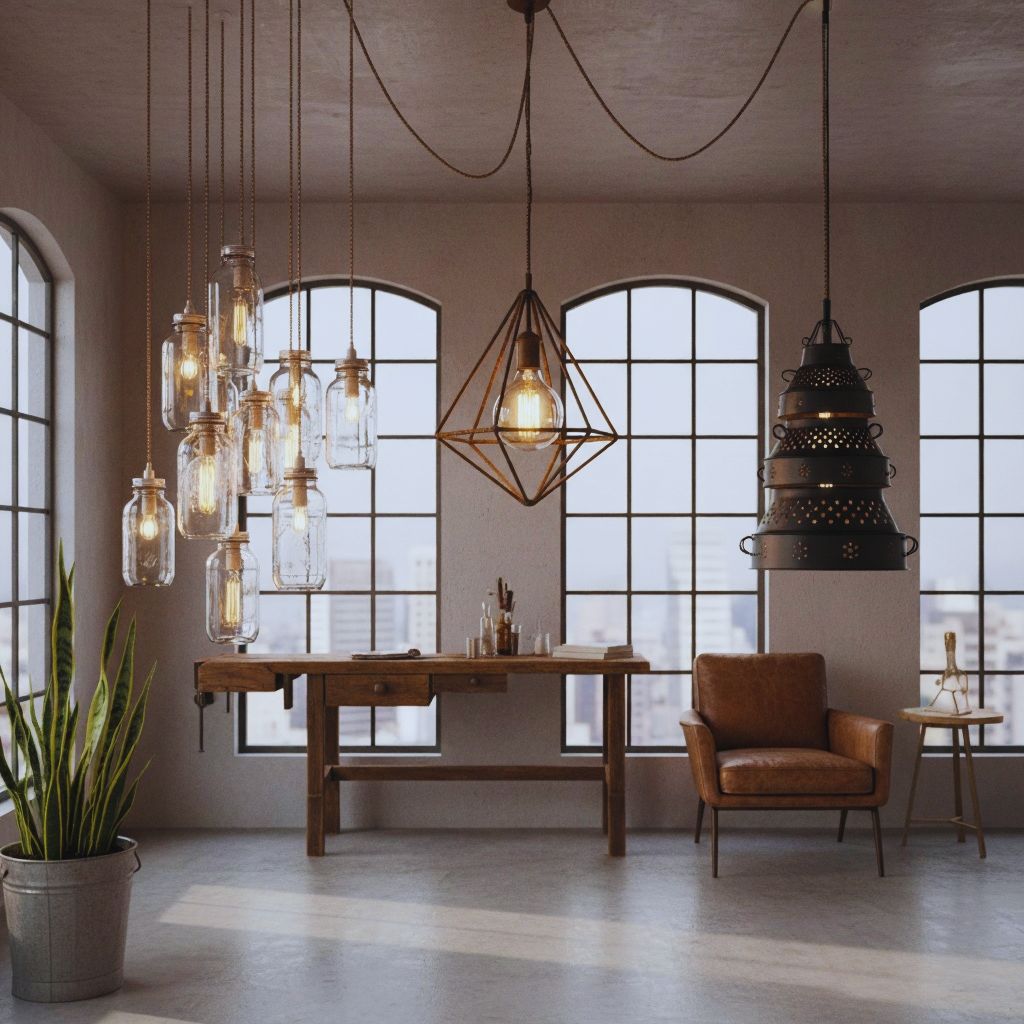“Room featuring pendant lamps made from repurposed materials like glass and metal, representing upcycled eco-friendly lighting.”