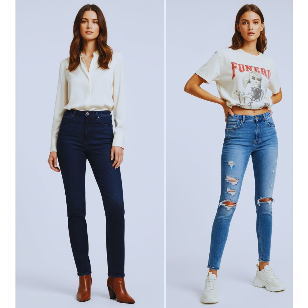 “Woman in dark wash high-rise jeans styled with blouse and boots, contrasting modern denim with outdated distressed styles.”