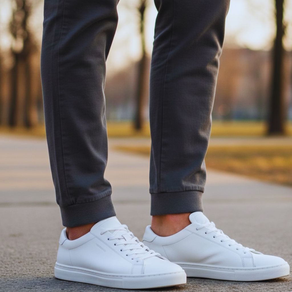 Minimal leather sneakers paired with tapered joggers, representing stylish athleisure footwear.