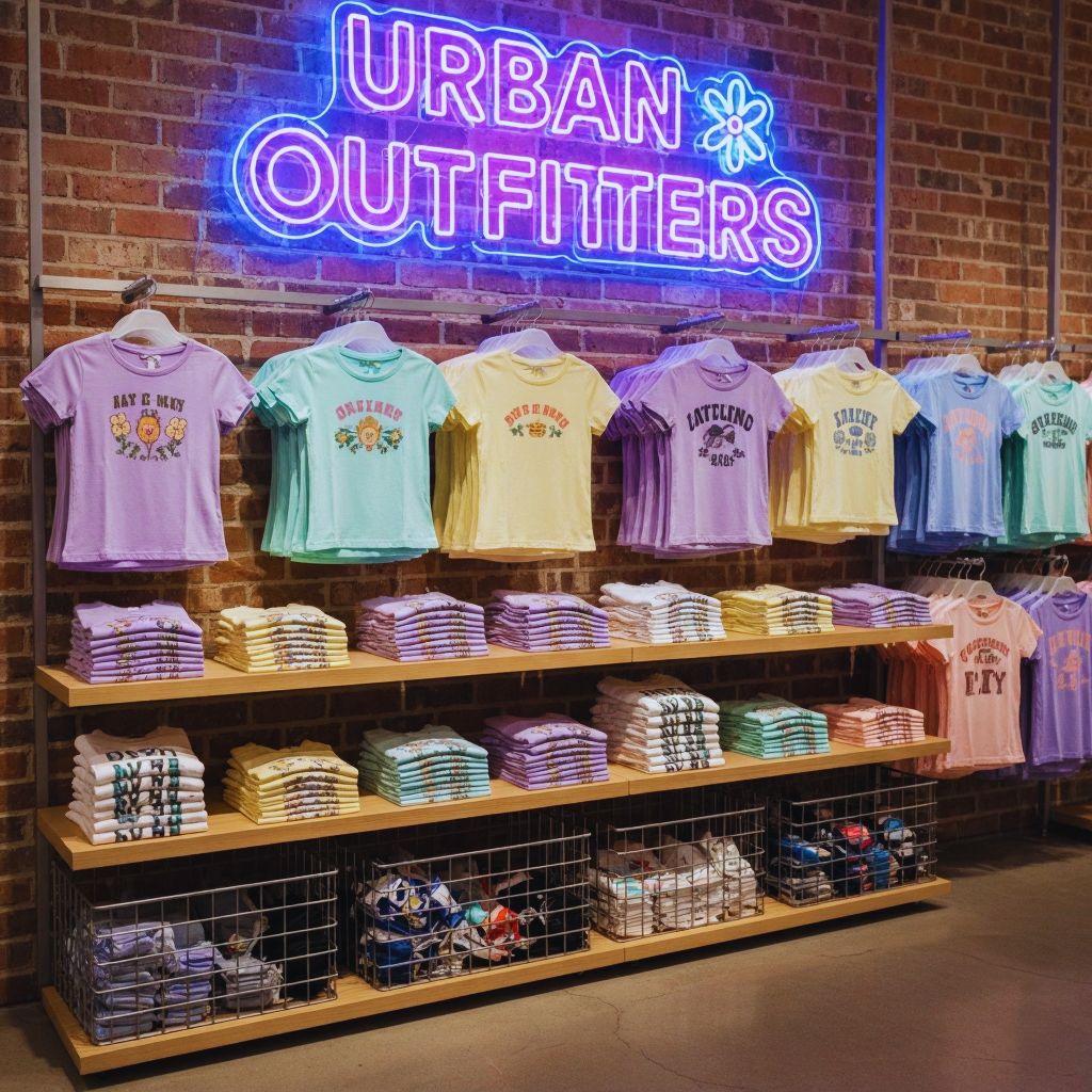 "Display of pastel and graphic baby tees at Urban Outfitters blending retro 90s and modern designs."
