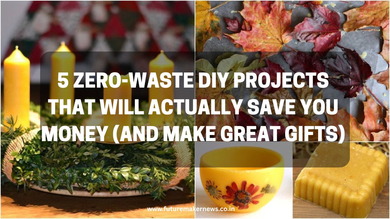 Eco-friendly DIY crafts including beeswax wraps, candles, soaps, and reusable cotton pads displayed in a cozy zero-waste setting.