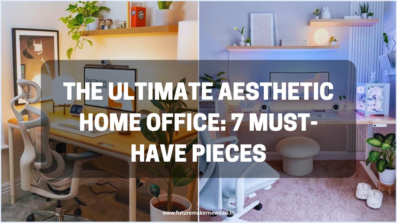 Modern aesthetic home office setup with neutral decor, minimal desk accessories, plants, and soft lighting — designed for productivity and stylish Zoom backgrounds.