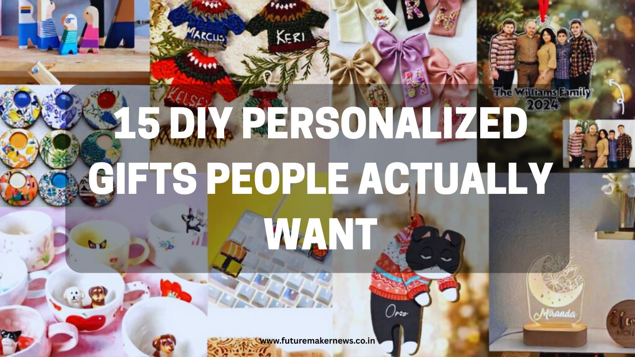 A cozy flat lay of DIY personalized gifts including handmade candles, custom mugs, photo frames, and wrapped presents with name tags — creative and thoughtful gift ideas for any occasion.
