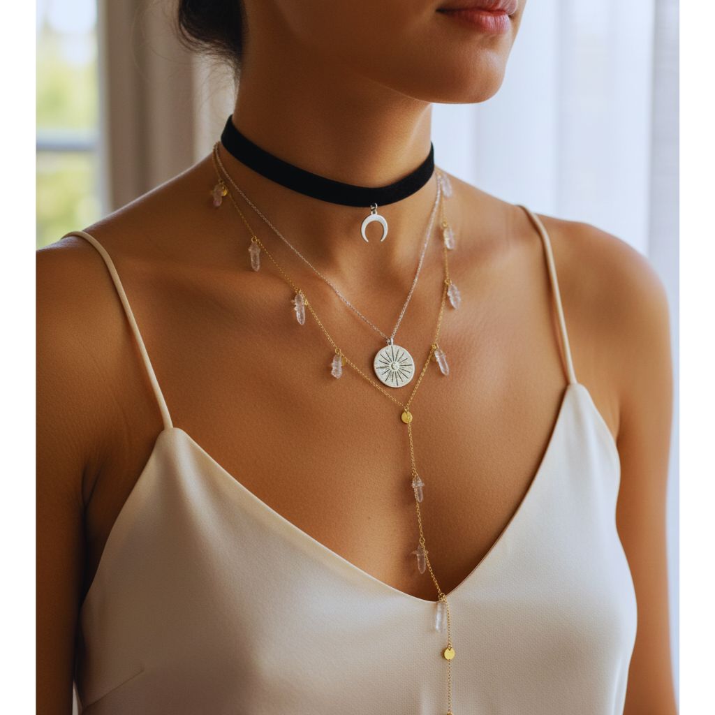 A woman wearing three gold necklaces of varying lengths — a choker, a medium chain with a pendant, and a long chain — showing how to layer necklaces at different heights.