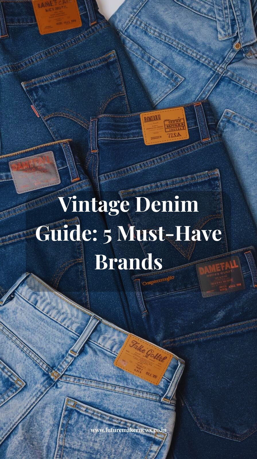 "Flat lay of five pairs of vintage jeans from Levi’s, Lee, Wrangler, Calvin Klein, and Guess in various faded blue washes with retro accessories on a rustic background."