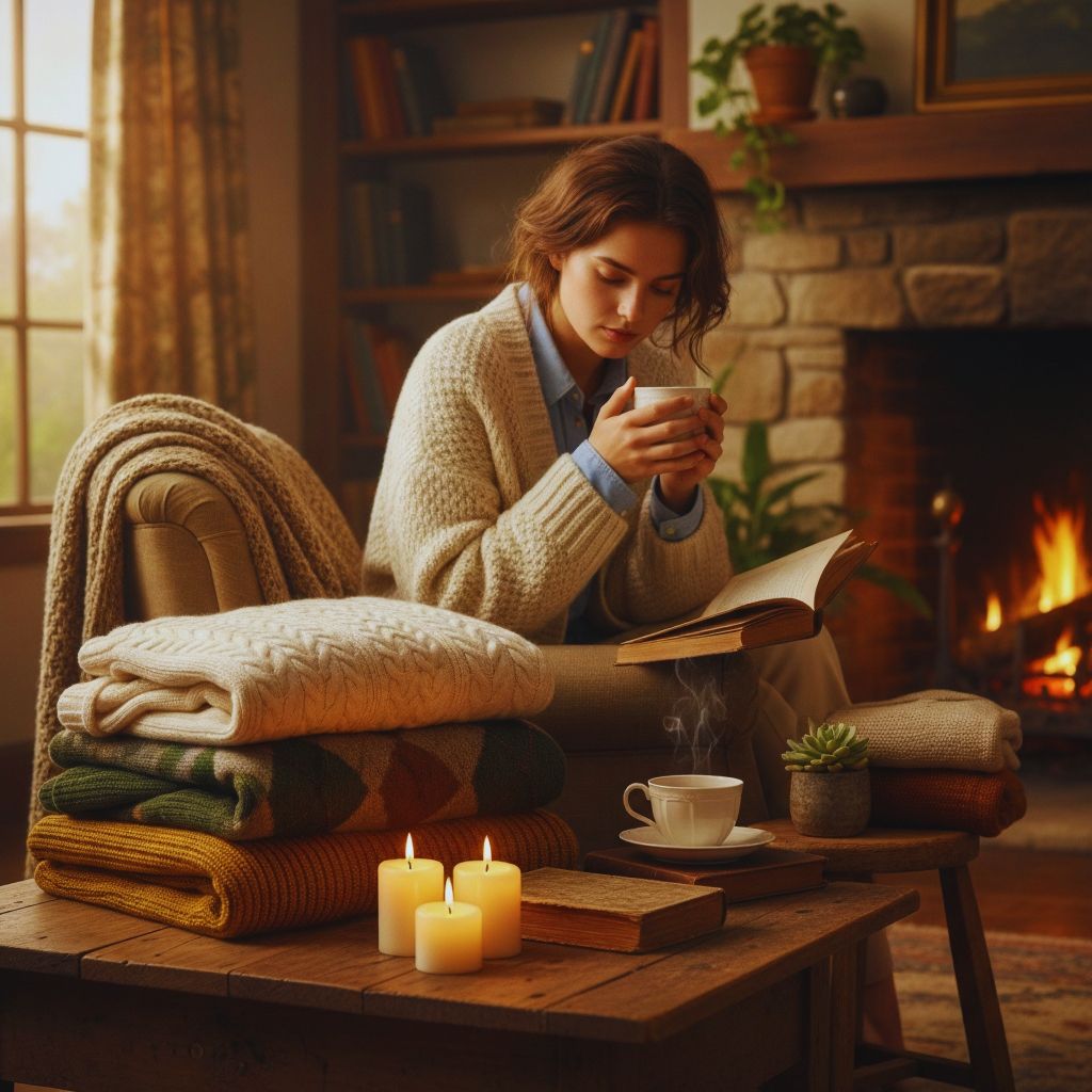 Stack of vintage knit sweaters with books and candlelight for a cozy Dark Academia aesthetic.