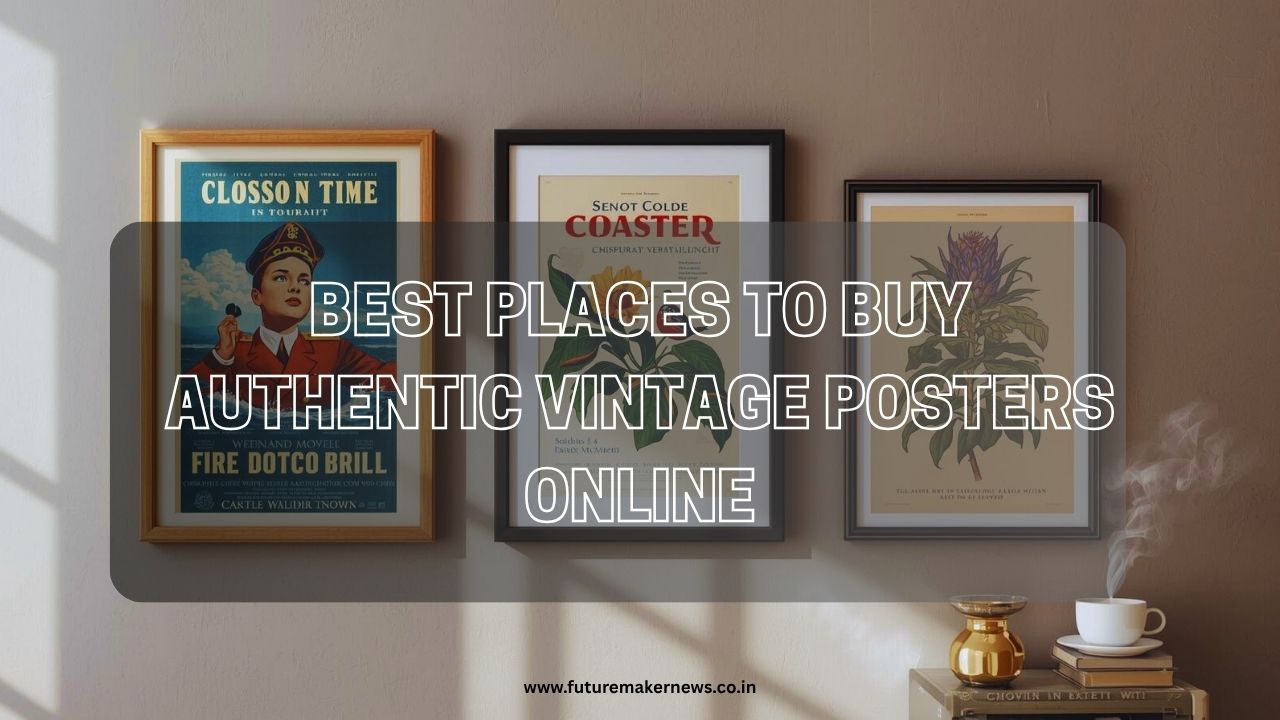 Collection of framed vintage posters, including travel, film, and botanical prints, displayed in a cozy, minimalist setting with warm lighting.