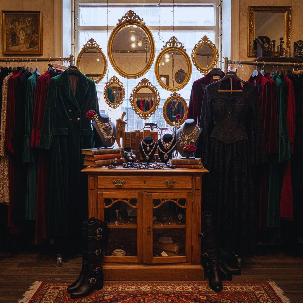 Vintage boutique with gothic and antique clothing and jewelry displays.