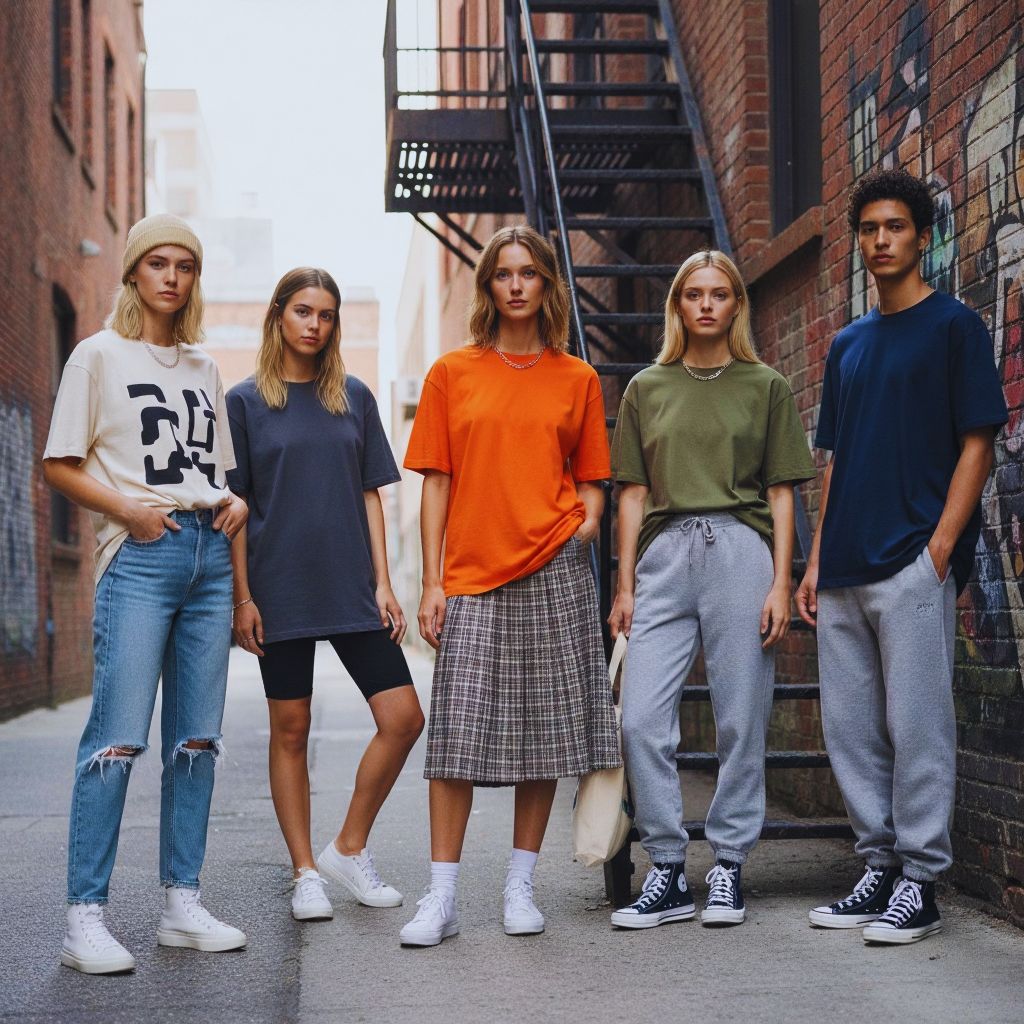 Diverse models wearing oversized T-shirts styled with jeans, skirts, and joggers in a modern streetwear setting, representing the universal and gender-neutral fashion trend.