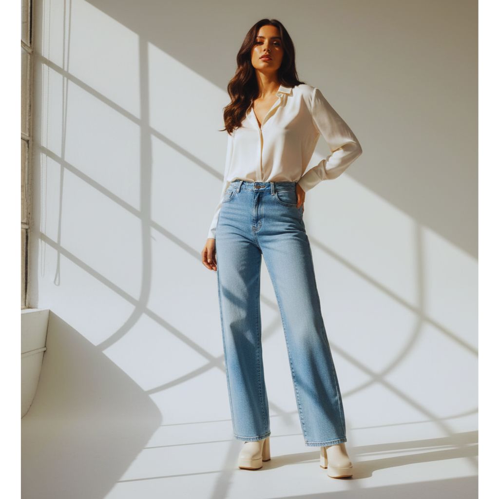 Woman in high-waisted cream wide-leg jeans with a cropped top and heels, highlighting how the loose leg shape flatters and elongates a pear-shaped figure.