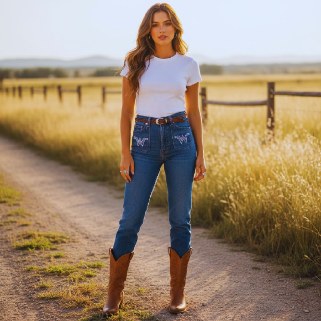 "Woman wearing high-waisted vintage Wrangler jeans with W stitching styled with baby tee and heeled boots outdoors."