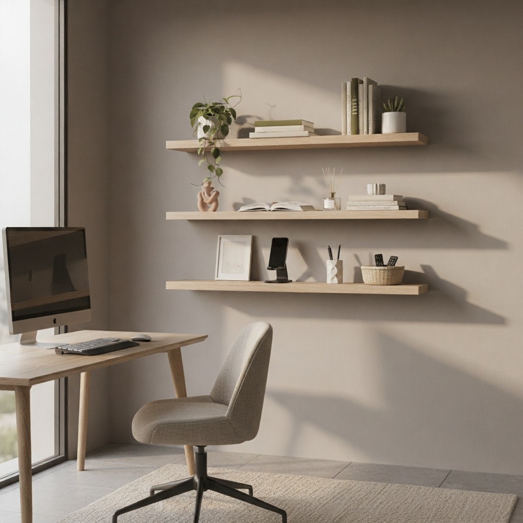 Floating shelves mounted on a neutral-colored wall, decorated with books, small plants, and minimal decor, in an organized home office.