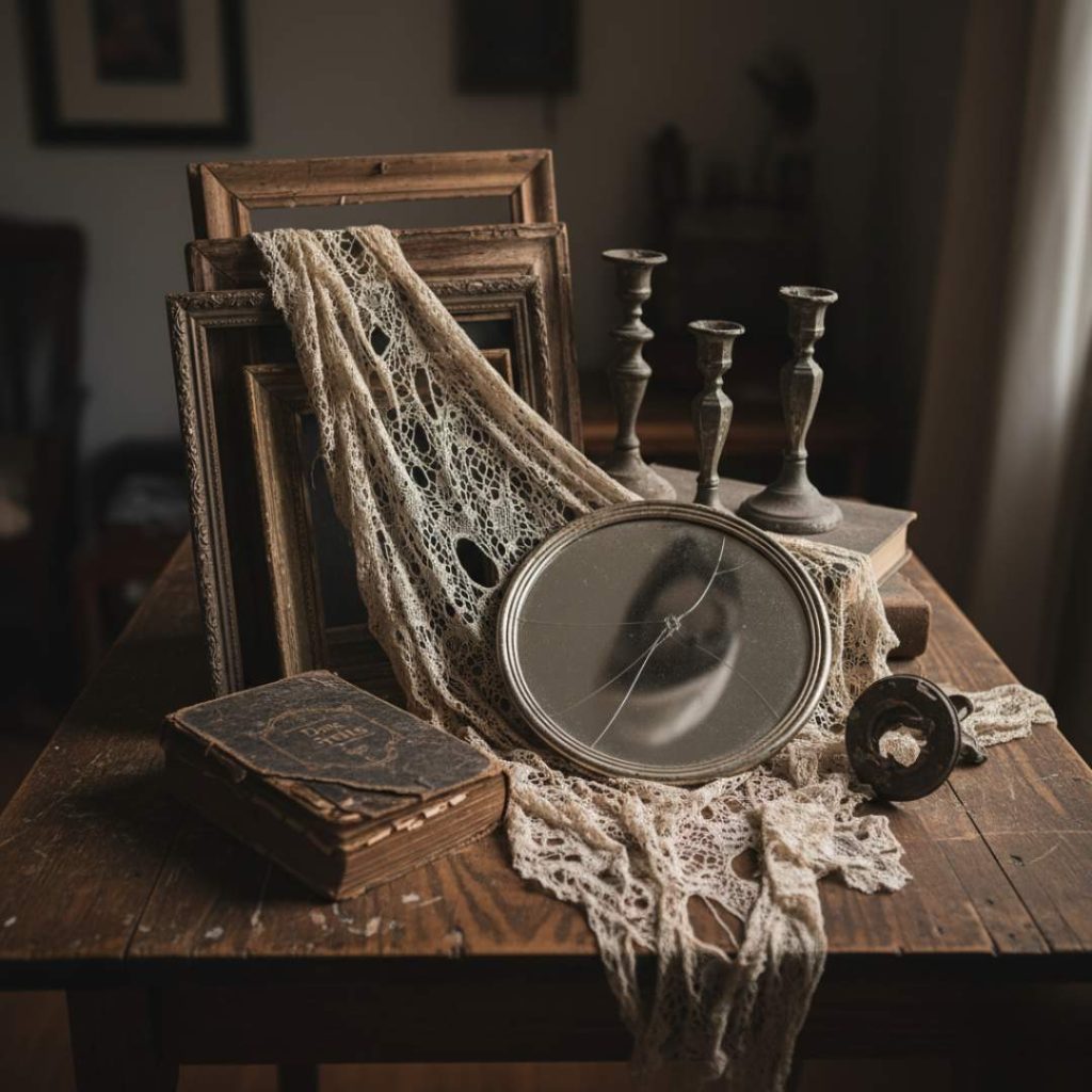 A rustic Halloween still life featuring a broken vintage mirror, old candlesticks, a weathered book, and tattered lace draped over antique frames on a wooden table.
