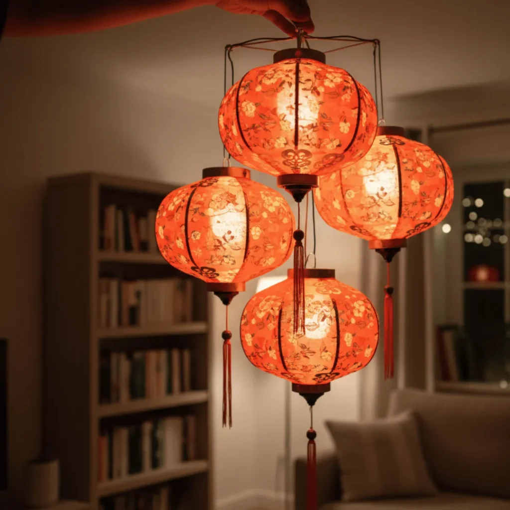 Hand holding glowing red Chinese lanterns indoors for festive home decor