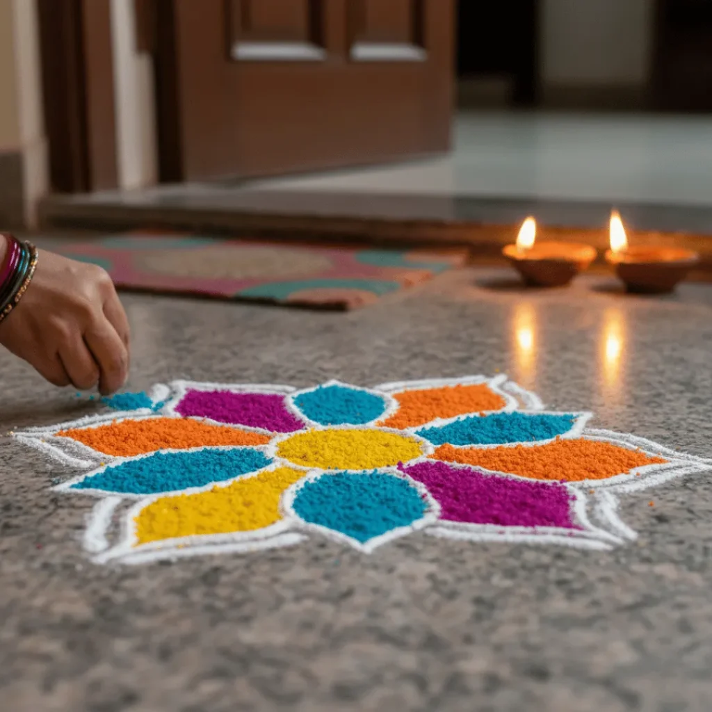 Hand making a colorful rangoli design with diyas lit beside it during a festive celebration