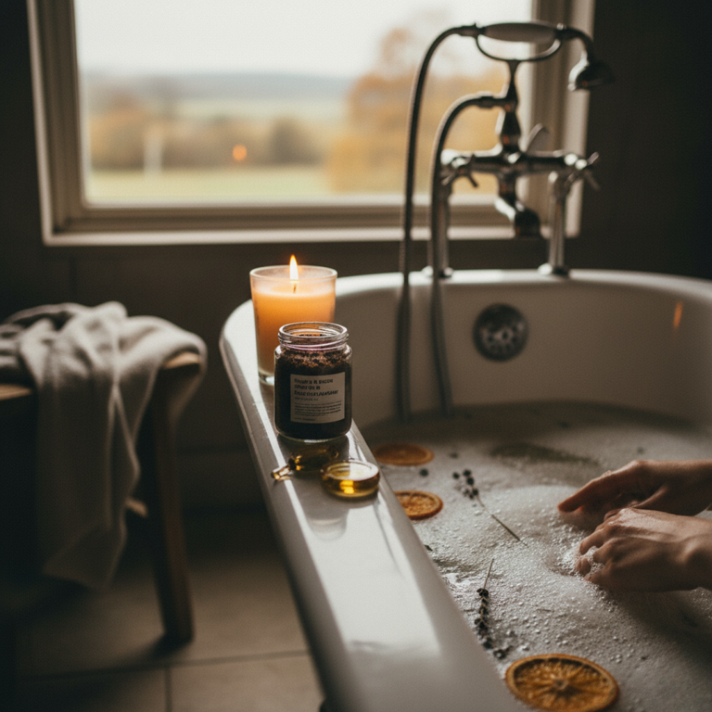 Hands relaxing in a cozy bath with candles and essential oils, perfect for seasonal self-care rituals.