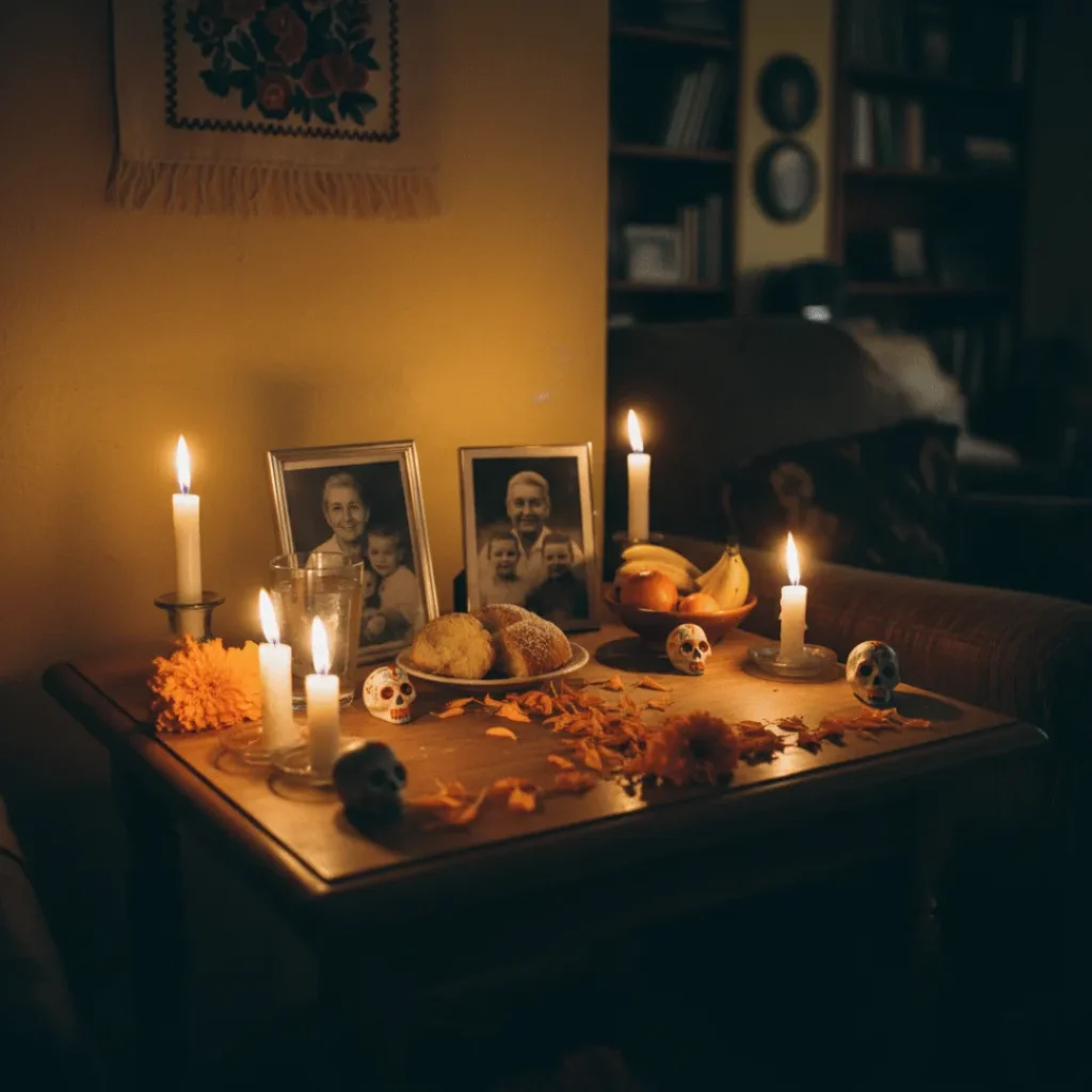 Day of the Dead home altar with candles, sugar skulls, and family photos honoring ancestors during Día de los Muertos celebration